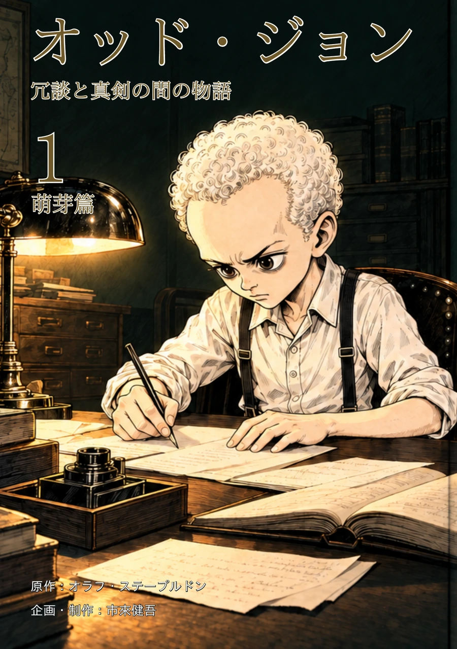 コミック版『オッド・ジョン』第1巻『萌芽篇』の表紙。机の灯りの下で書きものをする、白い髪の少年ジョン