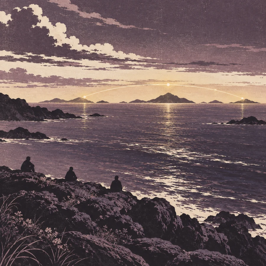 遠い島々と海を眺める三人の小さな人影。仲間を探す旅を表すイメージ画