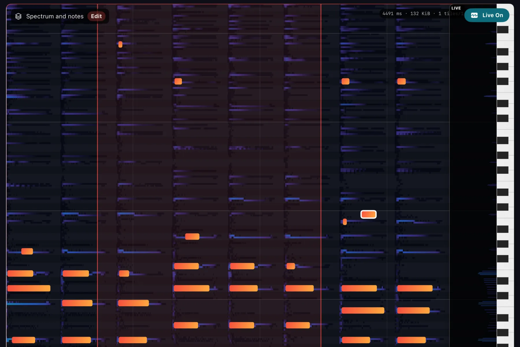 A spectrogram in dark blue and purple with detected notes drawn over it as orange bars, aligned to a piano keyboard along the right edge.