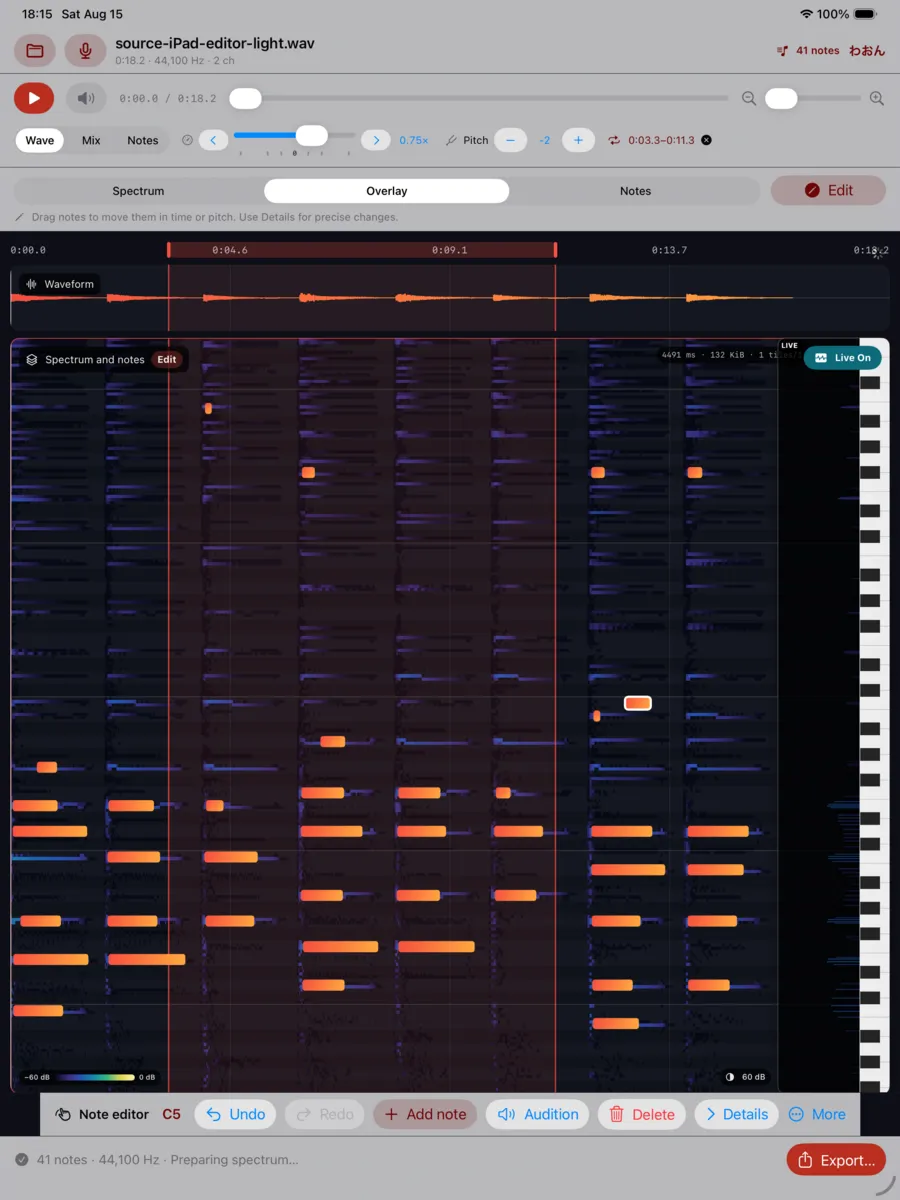 The main workspace on iPad: transport controls, waveform, and a spectrogram with orange notes overlaid.