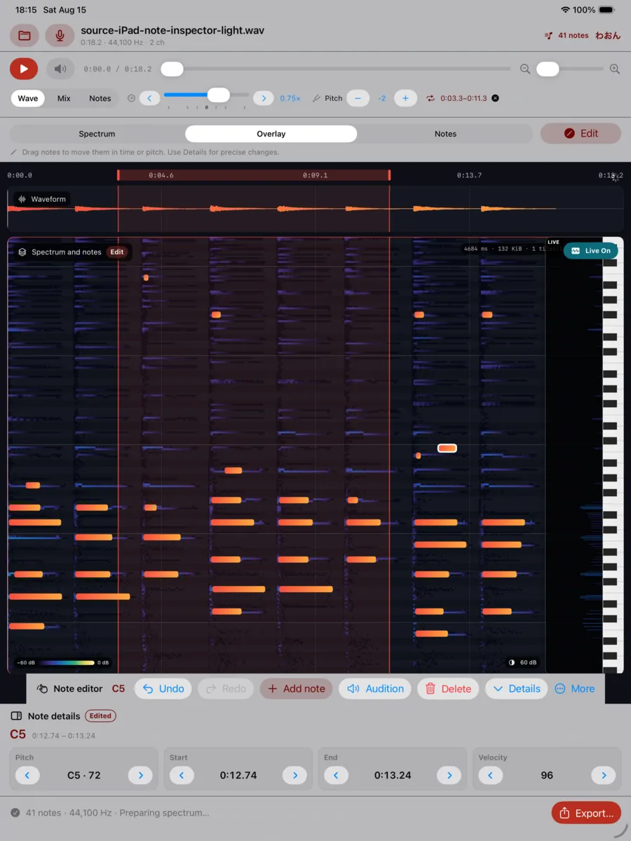 The note inspector on iPad, showing numeric fields for a selected note.