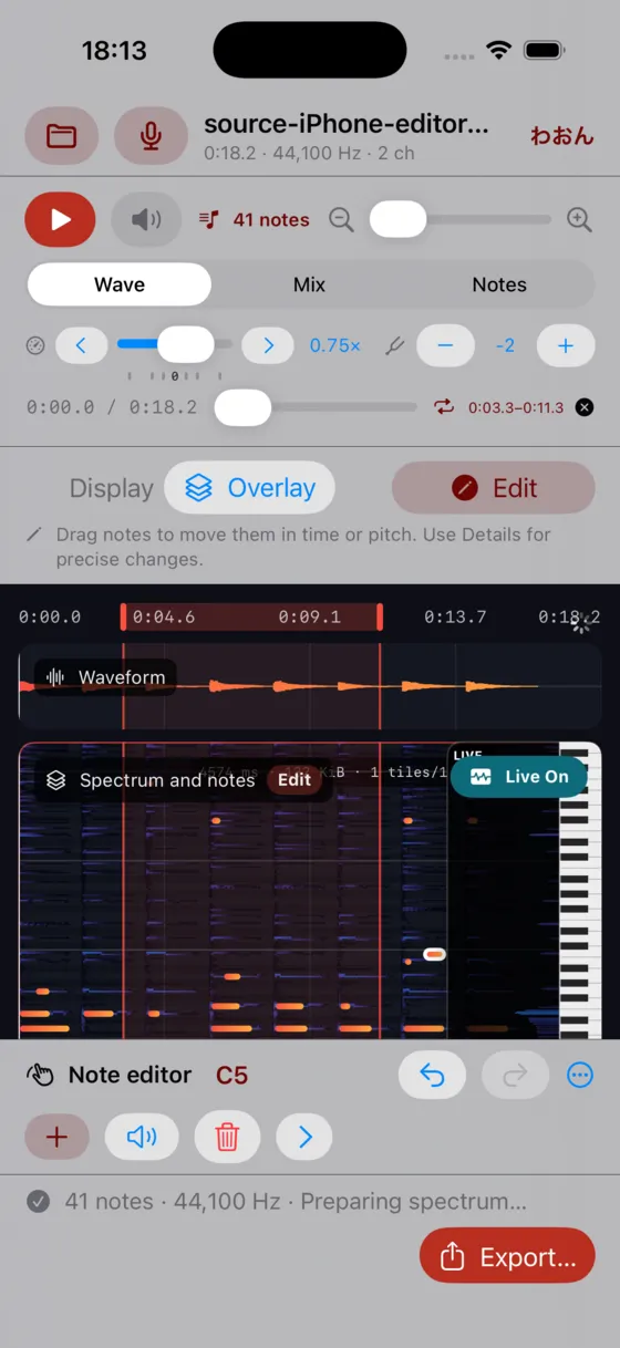 The same workspace on iPhone, with the spectrogram and notes filling the screen.